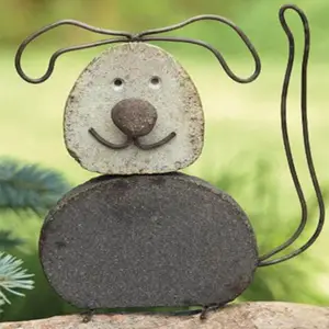 Resin Sitting stone dog statue | river rock and metal yard art