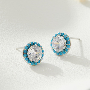 Round Zirconia <b>Stud</b> <b>Earrings</b> With <b>Turquoise</b> And Gold Plating S925 Silver Needle Party Fashion Jewelry - Product Image 4