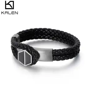 KALEN Stainless Steel Hexagon Charm Double Weaving Leather Bracelet For Men