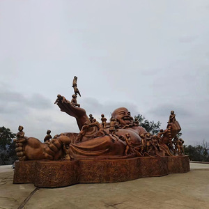Sculpture de Bouddha Maitreya en fibre de verre sur mesure, grande taille, finition bronze, avec figurine de cent enfants jouant, à poser au sol - Product Image 5