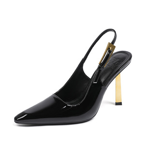 <strong>Black</strong> Patent Leather Pointed-toe High <strong>Heels</strong> Women's Thin <strong>Heel</strong> <strong>Small</strong> Gold bar Sexy Single Shoes French Style Shoes - Product Image 3