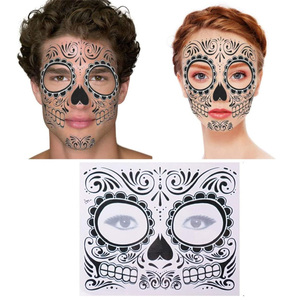 Tatouages temporaires pour le visage Jour des Morts, motifs crâne en sucre et floraux, autocollants de tatouage imperméables pour maquillage de fête d'Halloween - Product Image 2