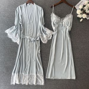 Conjunto de pijama de seda de imitación para mujer, ropa de dormir de alta calidad, con encaje bordado, bata de baño, <span class=keywords><strong>vestido</strong></span> de <span class=keywords><strong>noche</strong></span> de <span class=keywords><strong>boda</strong></span>, 2 piezas - Product Image 1