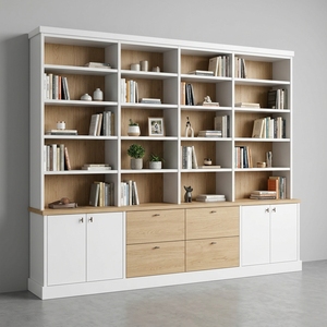 Étagère murale blanche moderne de grande taille avec tiroirs en bois, bibliothèque de rangement pleine longueur, vitrine minimaliste - Product Image 1