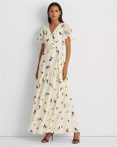 2022 été mode femmes élégant manches courtes flutter surplis col en V Floral Wrap longue Maxi robe avec ourlet asymétrique - Product Image 2