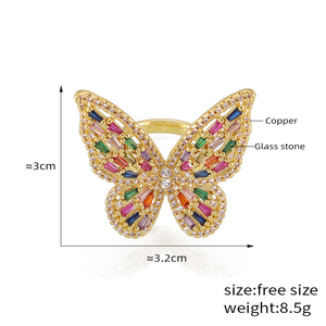 Butterfly Design Geometric Brass 14K Gold Plated Gemstone Zircon <b>Open</b> Finger <b>Ring</b> Luxury Style Unisex Office/Career - Product Image 5