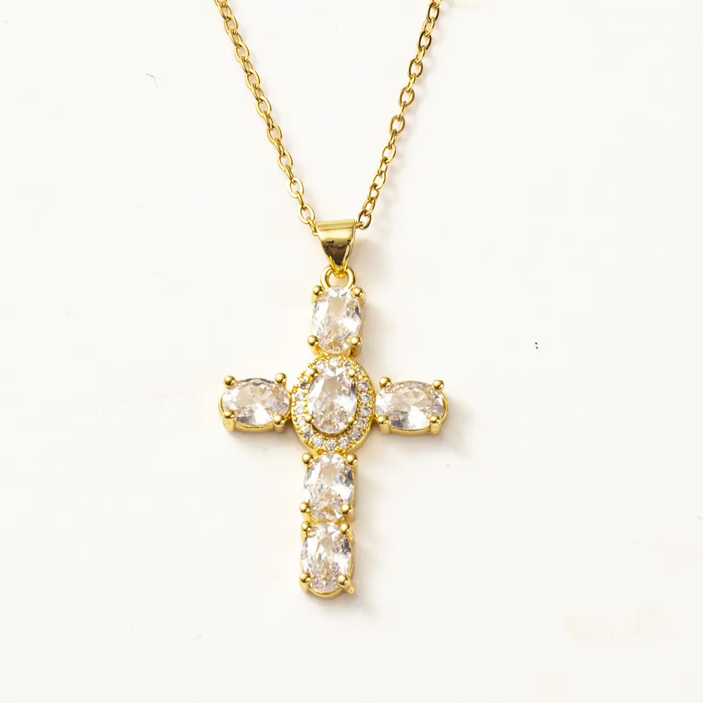 Popular Hiphop Ice Out Jewelry 14k Gold Plated Copper Tennis Cross Necklace Women Mens Cz Cross Necklace