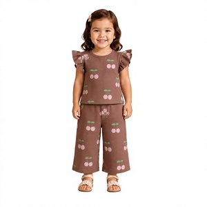 Casual Style Summer Cotton Material Girls 2Pcs Outfits <b>Cherry</b> Print Regular Length Ruffle Sleeve <b>Top</b> Palazzo Pant Co-Ord Set OEM - Product Image 1