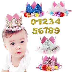 Тиара для маленьких принцесс, корона, детская шапка на первый день рождения, блестящее украшение для вечеринки с золотыми цветами