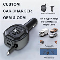 Pengisi Daya Mobil USB PD 65W dengan Kabel Data Tipe-C Retractable Terintegrasi, Layar Tampilan Tegangan Digital, Cocok untuk Mobil 12-24V
