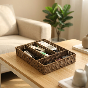 <b>Rectangular</b> Natural Rattan <b>Storage</b> <b>Basket</b> With Dividers For Desk Organization Eco-Friendly Simple Style Sundries Holder - Product Image 4