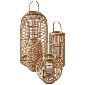 Candelabros de mimbre de bambú hechos a mano para decoración del hogar, lámparas de cristal, tarros de vela, farol, estilo campestre
