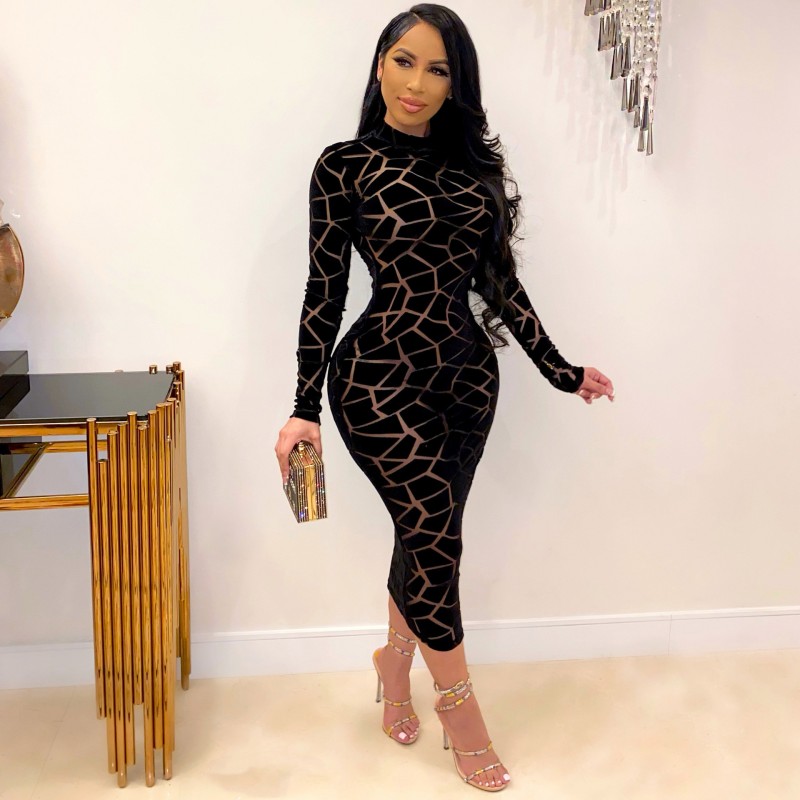 Black Print Bodycon Midi Party Dresses Women Long Sleeve Slim Transparent Sheer Mesh Dress Elegant Night Club Sexy C13964