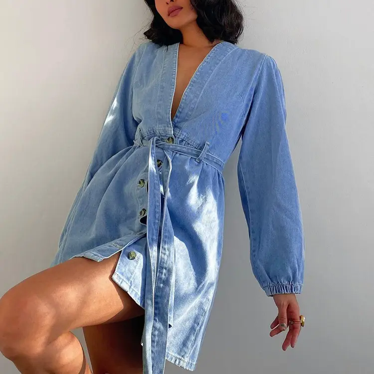 Enyami thời trang dạo phố cổ điển phụ nữ giản dị jeans Dresses 2023 thanh lịch Khăn thắt lưng dài tay áo denim quấn Váy Phụ nữ