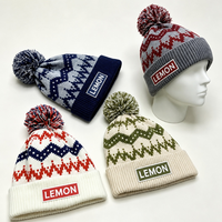 Casquette unisexe en acrylique 100% tricotée à l'ordinateur, à rayures géométriques, avec logo personnalisé LEMON, pour adultes, avec applique, idéale pour le ski et les activités de plein air.