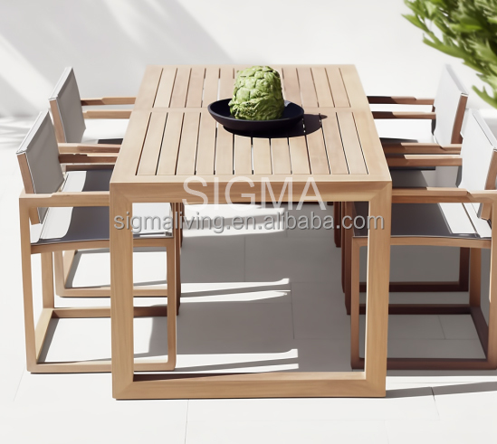 Custom garden outdoor furniture set rectangle table handcrafted multiple seats teak wooden dining table chair