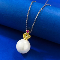 Collier pendentif en argent sterling S925 avec perle d'eau douce de 11 mm, couronne dorée et accent rubis, bijoux vintage de luxe pour femmes