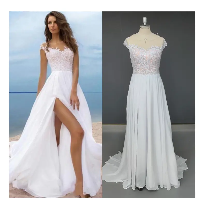 6224#A-Line Wholesale Beach Bohemian High Slit Cap Sleeve Sweep Train Chiffon Lace Backless Lace-up Wedding Dress Bride Gown