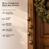 Guirlande de clochettes de sorcière vintage en fer de 56 cm, personnalisée OEM, avec corde en jute, clochettes suspendues pour couronnes de Noël, décoration de porte, mur et maison