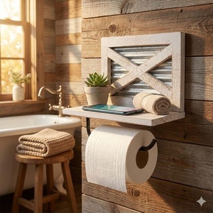 Portarotolo da parete in legno bianco stile rustico con mensola per salviette <span class=keywords><strong>e</strong></span> decorazioni bagno - Product Image 2