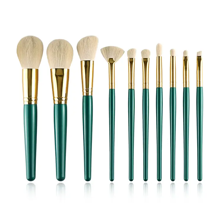 10 Piece High-quality Dark Green Wood Handle Aluminum Tube Synthetic Hair Custom LOGO Makeup Brush Set
