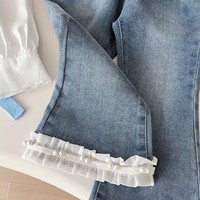 Ensemble Printemps Style Coréen pour Filles : Nouveau Gilet Tricoté Chic à Manches Longues 2026 et Chemise Assortie avec Pantalon en Jean Bordé de Dentelle