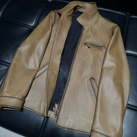 Veste en cuir de mouton vintage pour homme, col rabattable, fermeture éclair, passepoil contrastant, poche poitrine, patchwork, respirante, décontractée, olive
