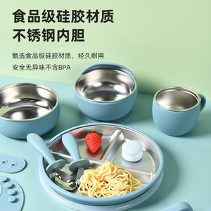 Juego de vajilla para alimentación de niños, platos de acero inoxidable 304, cuencos, tazas, babero de silicona, tenedor, cuchara para bebés de 0 a 12 meses - Product Image 3