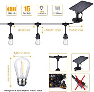 24FT Solar <strong>String</strong> Lights, LED Solar Cafe Patio Lights, Porch Market Light Waterproof &amp; Shatterproof with Vintage Plastic Bulbs - Product Image 6