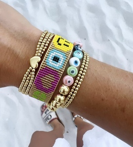 Pulsera <span class=keywords><strong>de</strong></span> Cobre con Ojo Turco y Corazón, Bañada en Oro <span class=keywords><strong>de</strong></span> 18k, Diseño <span class=keywords><strong>de</strong></span> Estrella y Sonrisa, Hecha a Mano, Set <span class=keywords><strong>de</strong></span> Pulseras Miyuki al por Mayor - Product Image 1