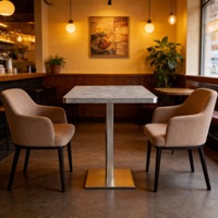 Mobilier de restaurant pour l'hôtellerie : Banquette contemporaine en tissu, chaise rembourrée avec base métallique, table carrée en marbre