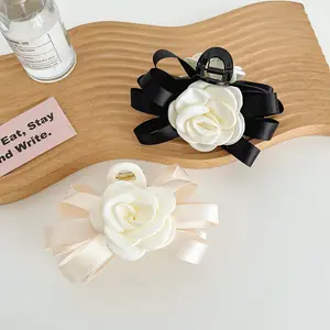 Handmade Vintage Camellia Flower Hair Claw 12cm Large Plastic Ribbon Bow Hair Claw Clip Accessories For Women