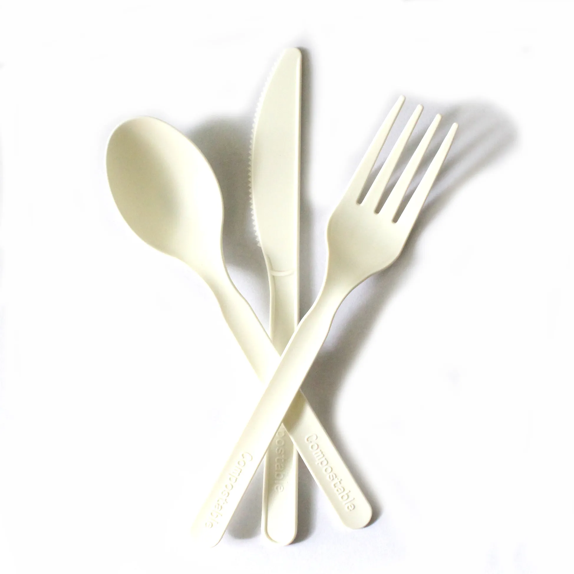 Grosir stok tersedia grosir biodegradable CPLA jagung pati sekali pakai non plastik 6 inci sendok pisau garpu set alat makan stabil
