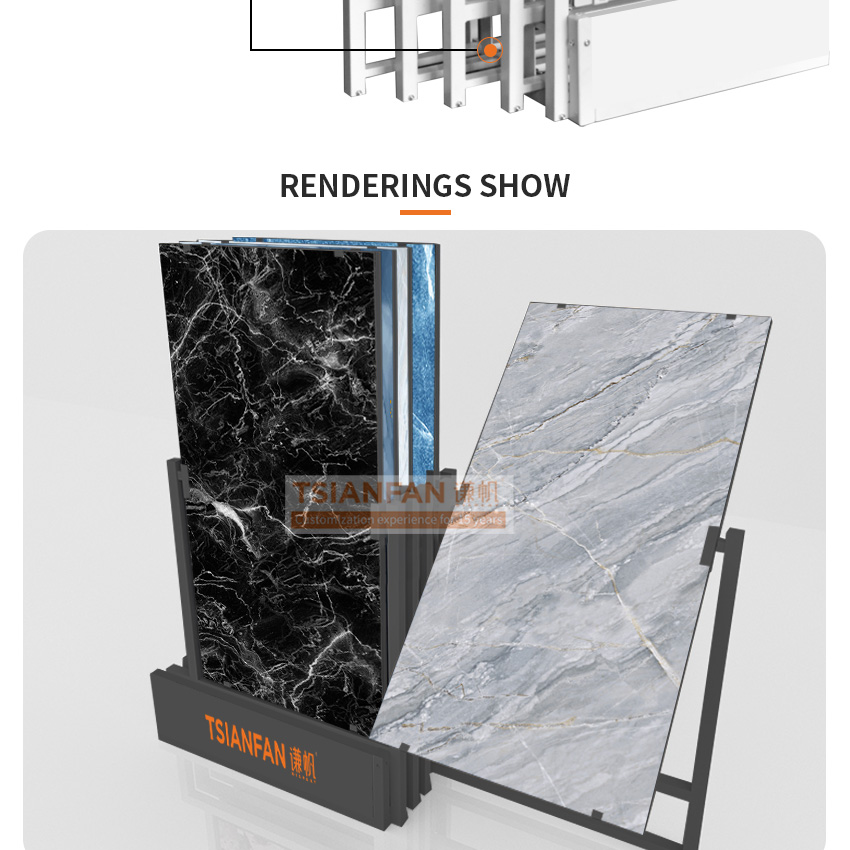 Tianfan Artificial stone showroom interiors design tiles slab racks tower porcelain quartz stone display rack