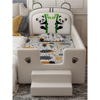 Lit en cuir souple à thème panda moderne JS, cadre en bois massif, meubles écologiques confortables pour enfants avec barrière haute et rangement