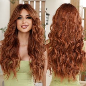 Perruque de cheveux ondulés bouclés longs synthétiques brun <span class=keywords><strong>rouge</strong></span> pour femmes perruque de vague naturelle auburn au gingembre <span class=keywords><strong>clair</strong></span> avec frange utilisation quotidienne résistante à la chaleur - Product Image 1