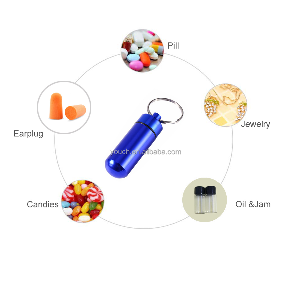 RTS 49*17mm customized logo print Waterproof Mini  Aluminium alloy capsule pill holder  pill box  pill container with keychain