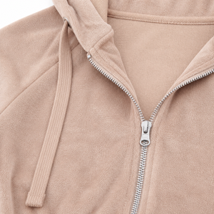 Completo da <span class=keywords><strong>donna</strong></span> RAMAX in velluto con felpa corta e pantaloni a vita alta, in morbido pile, con zip, all'ingrosso, produzione OEM - Product Image 4