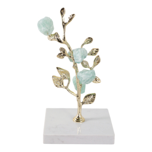 Sculpture d'arbre décorative pour la maison, branche dorée avec pierres aquamarine, base en marbre, pour la salle de bain, le bureau, la salle à manger, la décoration de la maison - Product Image 4