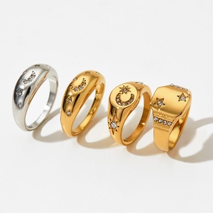 Cincin Eropa Amerika Desain Bintang Bulan Gaya Fashion Mewah Ringan Elegan Baja Anti Karat Lapis Emas Polos - Product Image 1