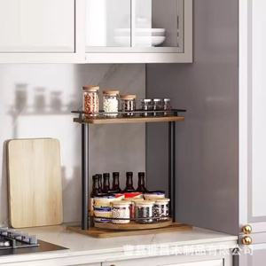Double Layer <b>Spice</b> <b>Rack</b> With Wood And Iron <b>Rotating</b> Turntable For Kitchen Storage And Living Room Organization - Product Image 2