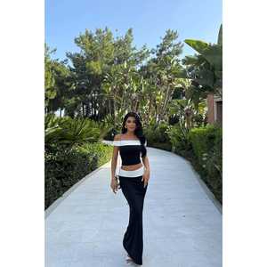 Costume noir bicolore pour femme de bureau, formel et décontracté, avec décoration plissée et style boutonné - Product Image 4