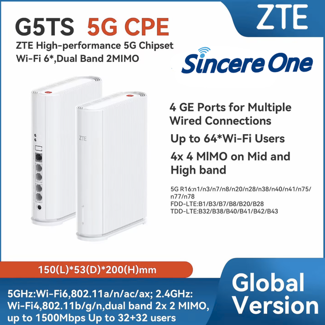 ZTE 5G CPE G5TS Dual Band Wi-Fi 6 Wireless Router with Firewall VoIP VPN Support and 3 LAN Ports for Home Use