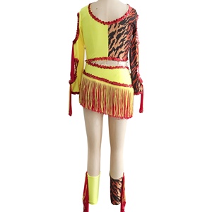 Leotardo de baile de Spandex amarillo, traje de baile de lentejuelas latinas para niños adultos, hombre primitivo salvaje, borla, puesta en escena, ropa de baile de Jazz - Product Image 4