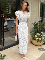 Robe longue blanche en dentelle pour femme, col en V, manches bouffantes, élégante, moulante, pour soirée ou mariage