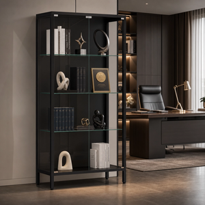 Vitrina de Bambú Aauro para el Hogar con Puertas de Vidrio, 3 Luces de Colores, Sensor de Movimiento, Estantes de Vidrio Ajustables, Librería para Artículos Decorativos - Product Image 5