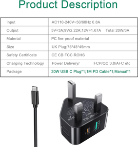 <span class=keywords><strong>Chargeur</strong></span> de téléphone 20W UK avec câble Type C vers Type C de 3 pieds pour une charge rapide des téléphones Samsung S23/S22/S21/S20/S20fe/<span class=keywords><strong>A04S</strong></span> - Product Image 5