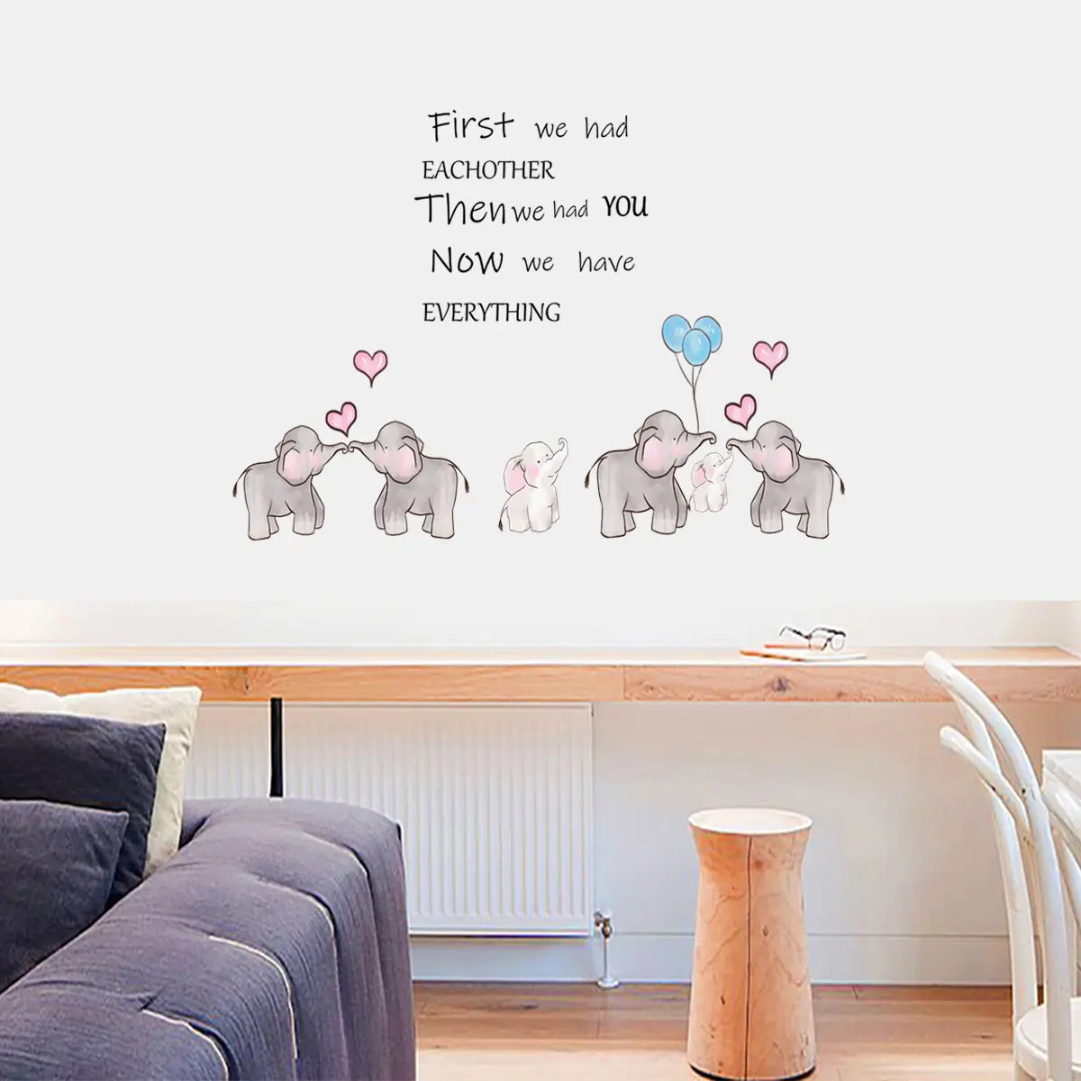 Adorable elephant cartoon wall decal with emotional words decor watercolor balloon sticker removable DIY art mural for kids