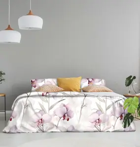 Juego de sábanas de cama con estampado textil de telas personalizadas, juego de edredón de satén de algodón con patrón de flores de lujo de gama alta