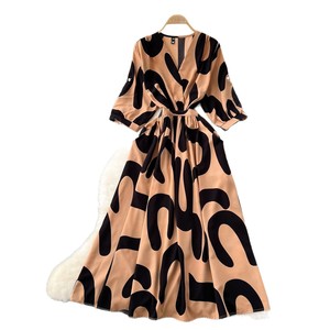 Jupe longue trapèze rétro <span class=keywords><strong>vintage</strong></span> pour femme, style élégant et <span class=keywords><strong>mature</strong></span>, col en V, manches trois-quarts, taille XL, imprimée, taille française - Product Image 6